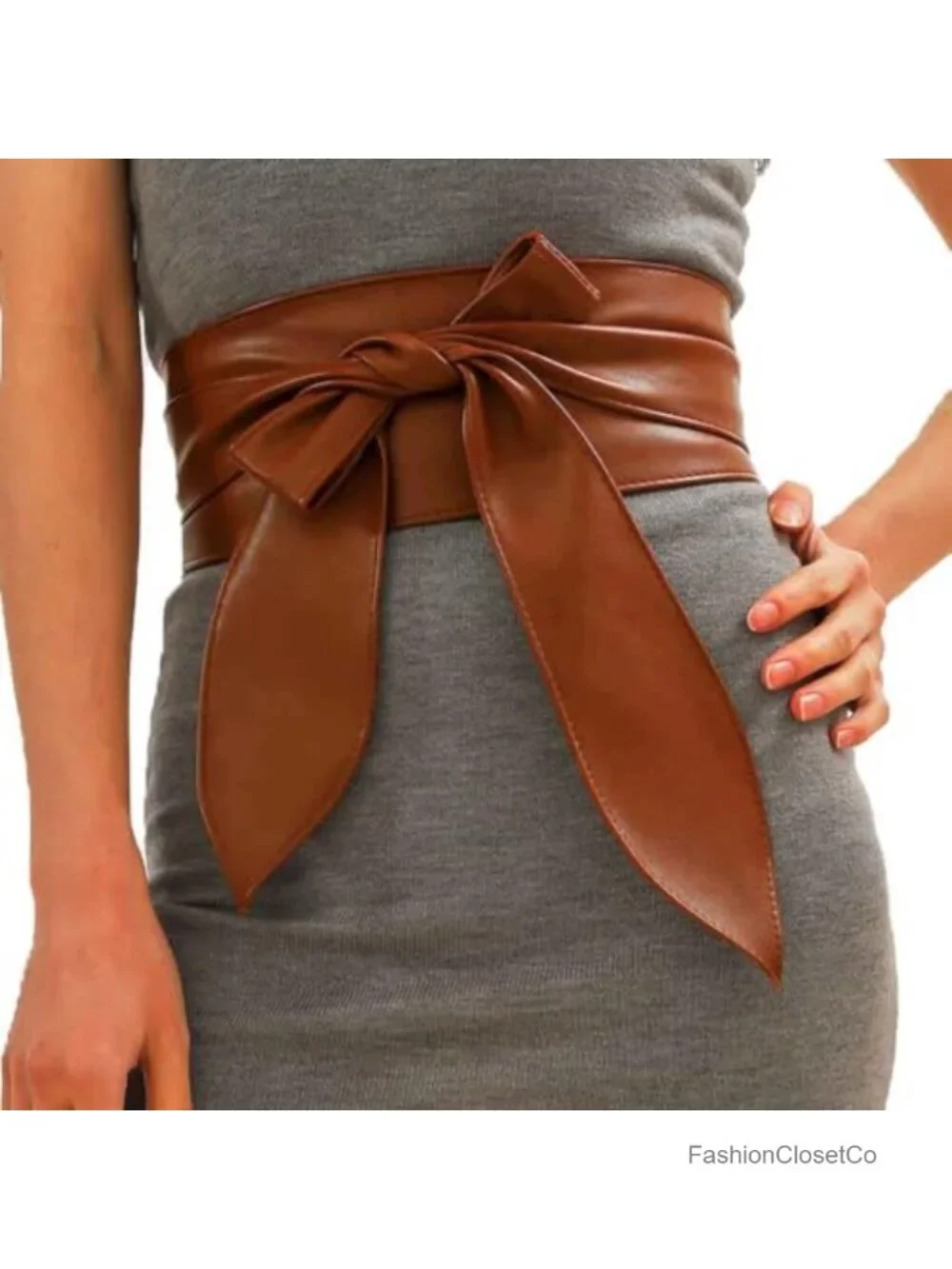 Wide Leather Wrap Belt with Knot Closure - Adjustable Obi Belt